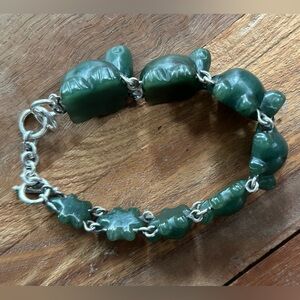 Nephrite Jade Green Elephant Charm Silver Bracelet